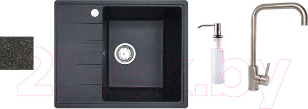Изображение товара Мойка кухонная со смесителем БелЭворс Mila R + смеситель W4998-4 + дозатор L405-1 (черный)