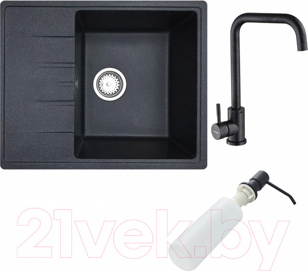 Изображение товара Мойка кухонная со смесителем БелЭворс Mila R + смеситель W4998-4-22 + дозатор L405F (черный)