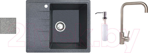 Изображение товара Мойка кухонная со смесителем БелЭворс Vega R + смеситель W4998-4 + дозатор L405-1 (черный)