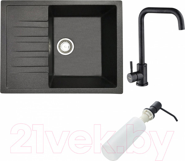Изображение товара Мойка кухонная со смесителем БелЭворс Vega R + смеситель W4998-4-22 + дозатор L405F (черный)