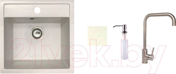 Изображение товара Мойка кухонная со смесителем БелЭворс Rio + смеситель W4998-4 + дозатор L405-1 (белый)