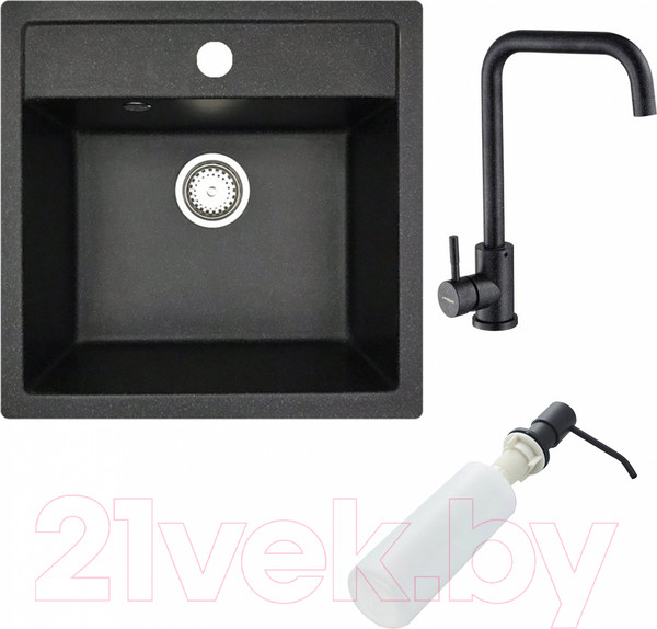 Изображение товара Мойка кухонная со смесителем БелЭворс Rio + смеситель W4998-4-22 + дозатор L405F (черный)