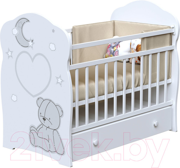 Изображение товара Детская кроватка VDK Bear And Moon маятник и ящик (белый)