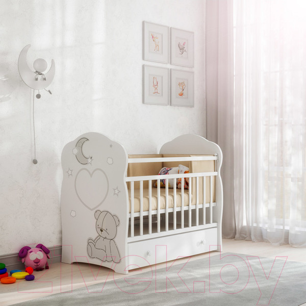 Изображение товара Детская кроватка VDK Bear And Moon маятник и ящик (белый)