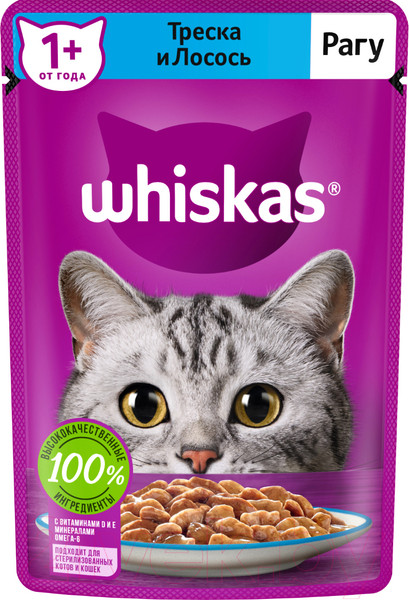 Изображение товара Влажный корм для кошек Whiskas Рагу с треской и лососем (75г)