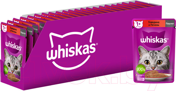 Изображение товара Влажный корм для кошек Whiskas Паштет с говядиной и печенью (75г)