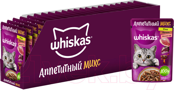 Изображение товара Влажный корм для кошек Whiskas Аппетитный микс с уткой и печенью в мясном соусе (75г)