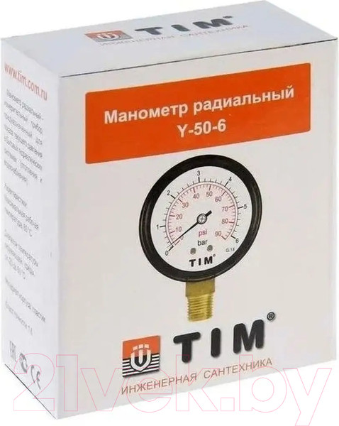 Изображение товара Манометр сантехнический Tim 6 бар Y-50-6