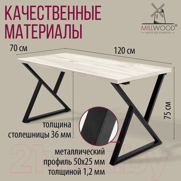Изображение товара Обеденный стол Millwood Дели Л 120x70x75 (дуб белый Craft/металл черный)
