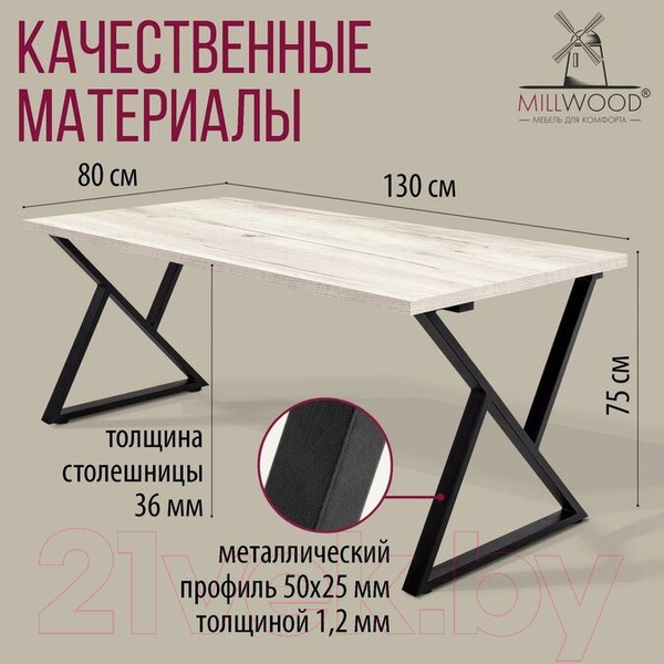 Изображение товара Обеденный стол Millwood Дели Л 130x80x75 (дуб белый Craft/металл черный)