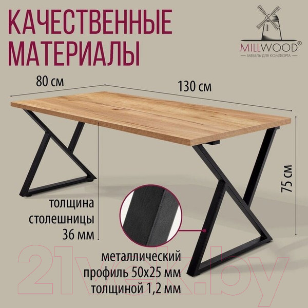 Изображение товара Обеденный стол Millwood Дели Л 130x80x75 (дуб золотой Craft/металл черный)