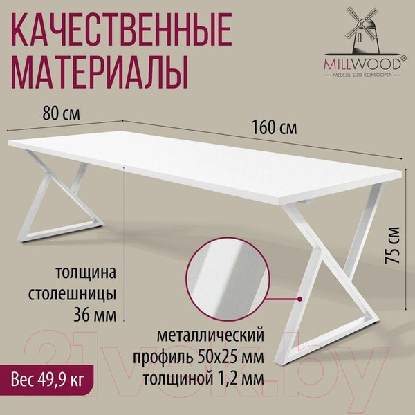 Изображение товара Обеденный стол Millwood Дели Л 160x80x75 (белый/металл белый)