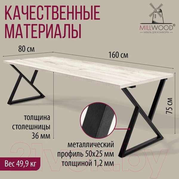 Изображение товара Обеденный стол Millwood Дели Л 160x80x75 (дуб белый Craft/металл черный)