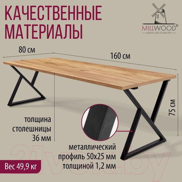 Изображение товара Обеденный стол Millwood Дели Л 160x80x75 (дуб золотой Craft/металл черный)