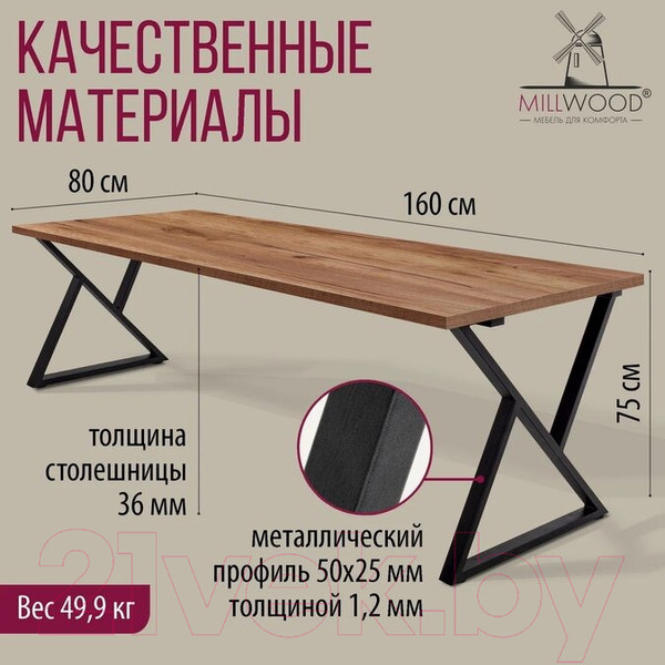 Изображение товара Обеденный стол Millwood Дели Л 160x80x75 (дуб табачный Craft/металл черный)