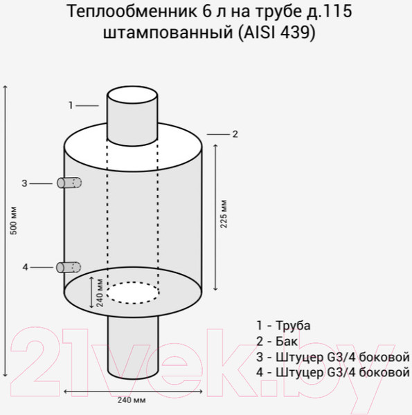 Изображение товара Теплообменник на трубу дымохода Везувий 6л D115мм
