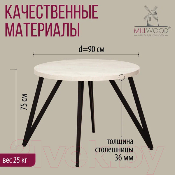 Изображение товара Обеденный стол Millwood Женева 2 Л D90 / 90x90x75 (дуб белый Craft/металл черный)