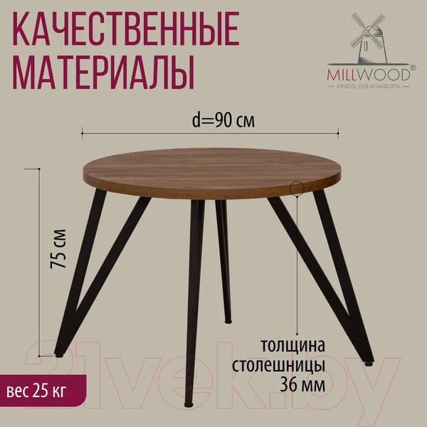 Изображение товара Обеденный стол Millwood Женева 2 Л D90 / 90x90x75 (дуб табачный Craft/металл черный)