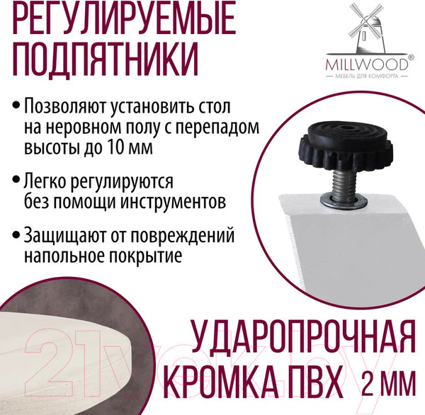Изображение товара Обеденный стол Millwood Женева 2 Л D100 / 100x100x75 (дуб белый Craft/металл белый)
