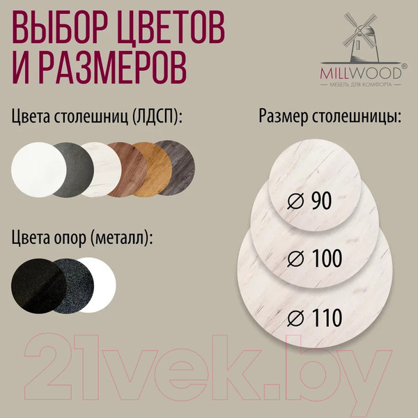 Изображение товара Обеденный стол Millwood Женева 2 Л D100 / 100x100x75 (дуб белый Craft/металл белый)
