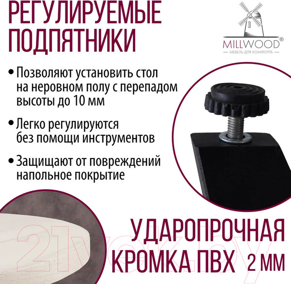 Изображение товара Обеденный стол Millwood Женева 2 Л D100 / 100x100x75 (дуб белый Craft/металл черный)