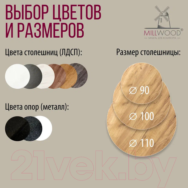 Изображение товара Обеденный стол Millwood Женева 2 Л D100 / 100x100x75 (дуб золотой Craft/металл черный)