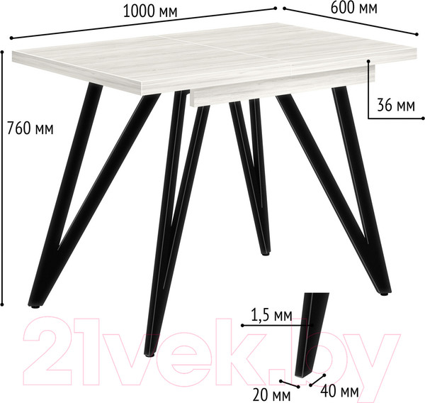Изображение товара Обеденный стол Millwood Женева 3 Л раздвижной 100-140x60x76 (дуб белый Craft/металл черный)