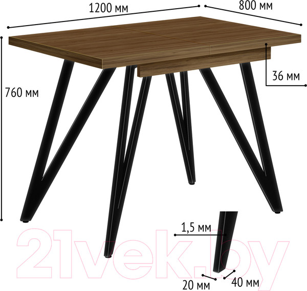 Изображение товара Обеденный стол Millwood Женева 3 Л раздвижной 120-160x80x76 (дуб табачный Craft/металл черный)