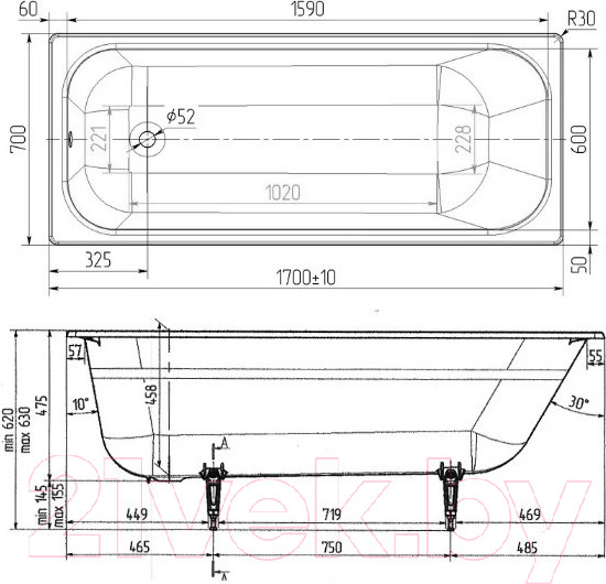 Изображение товара Ванна чугунная Wotte Старт УР 170x70 / БП-00000004 (без ножек и ручек)
