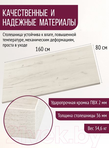 Изображение товара Столешница для стола Millwood 160x80 (дуб белый Craft)