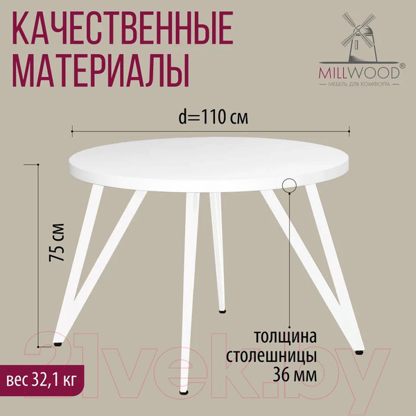 Изображение товара Обеденный стол Millwood Женева 2 Л D110 / 110x110x75 (белый/металл белый)