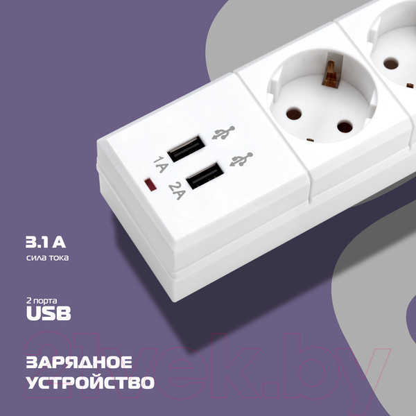 Изображение товара Сетевой фильтр Buro BU-SP5USB 2A-W (5м, 6 розеток, белый)
