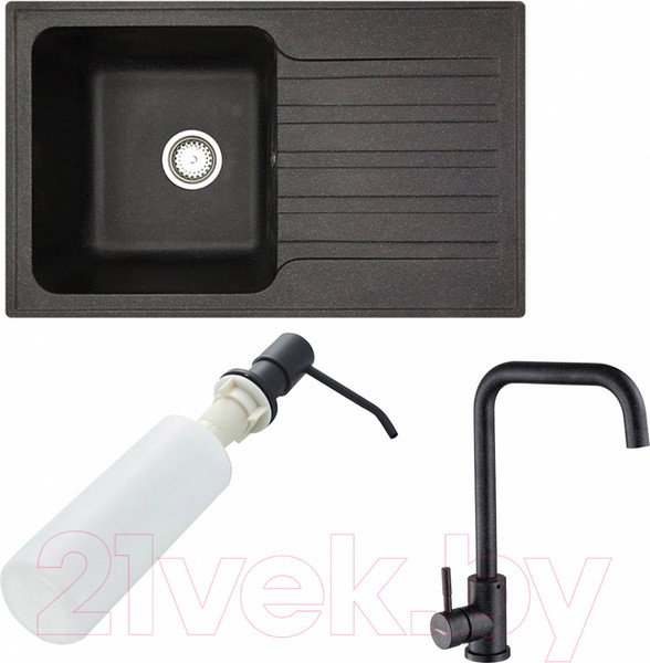 Изображение товара Мойка кухонная со смесителем БелЭворс Styl L + смеситель W4998-4-22 + дозатор L405F (черный)