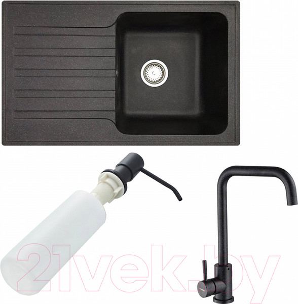 Изображение товара Мойка кухонная со смесителем БелЭворс Styl R + смеситель W4998-4-22 + дозатор L405F (черный)