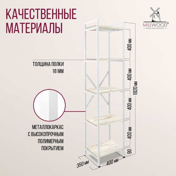 Изображение товара Стеллаж Millwood Neo Loft СН-2 Л (дуб белый Craft/металл белый)