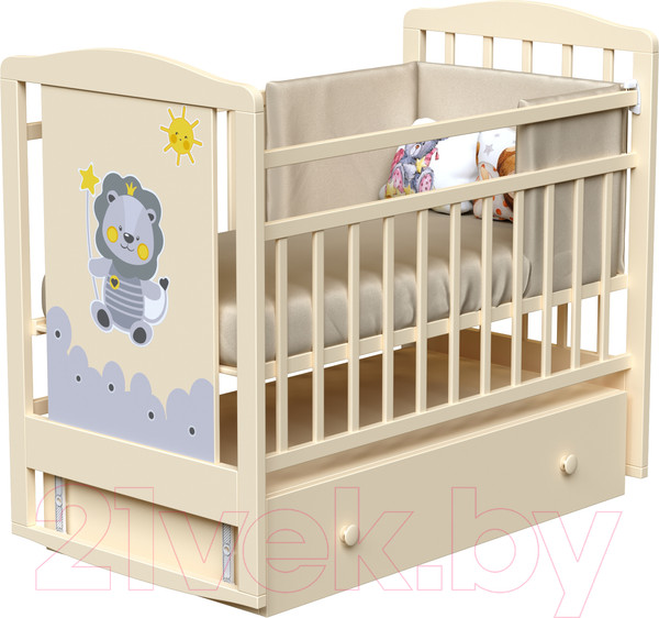 Изображение товара Детская кроватка VDK Happy Lion маятник-ящик (слоновая кость)