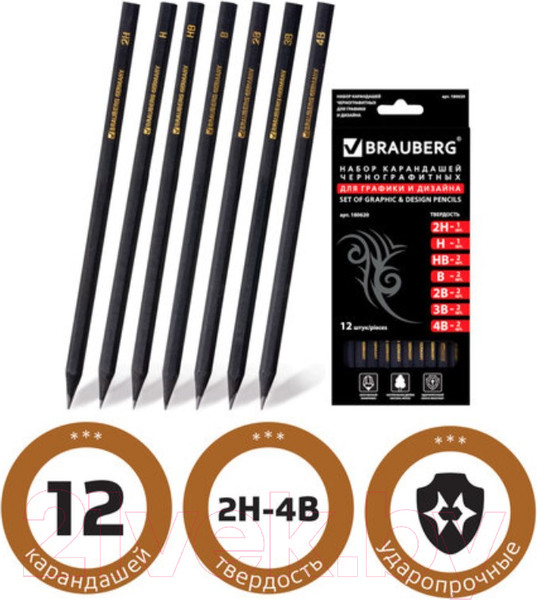 Изображение товара Набор простых карандашей Brauberg Black Jack / 180620 (12шт)