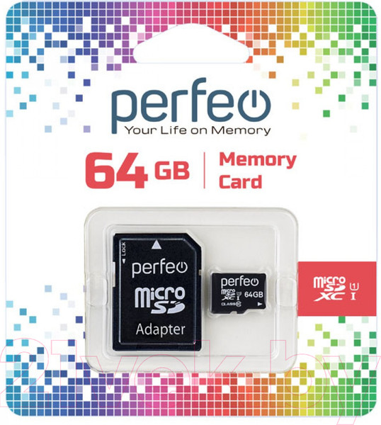 Изображение товара Карта памяти Perfeo MicroSDXC 64GB (Class 10) + адаптер / PF64GMCSX10U1A