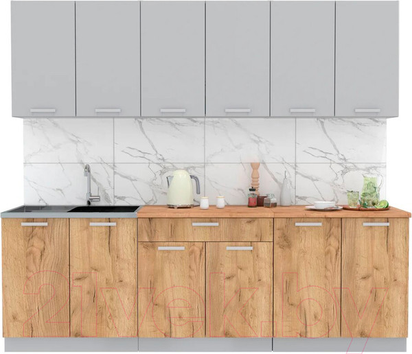 Изображение товара Кухонный гарнитур Интерлиния Мила Лайт 2.4 (серебристый/дуб золотой/дуб бунратти)