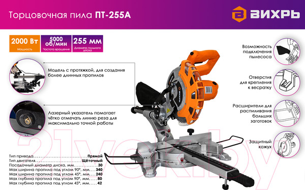 Изображение товара Торцовочная пила Вихрь ПТ-255А (72/18/4)