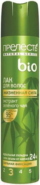 Изображение товара Лак для укладки волос Прелесть Био Сильной фиксации С экстрактом Зеленого чая (250мл)