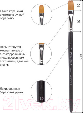 Изображение товара Кисть для рисования Brauberg Art Classic Синтетика мягкая 12 / 200701 (плоская)
