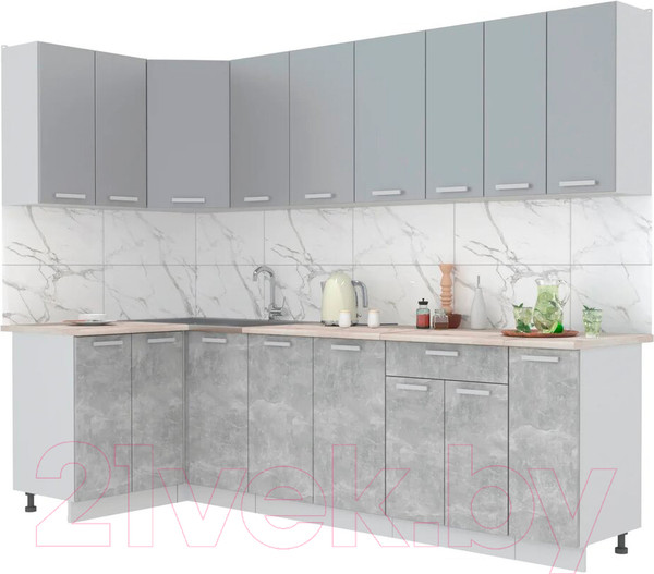 Изображение товара Кухонный гарнитур Интерлиния Мила Лайт 1.2x2.7 (серебристый/бетон/бискайская сосна)