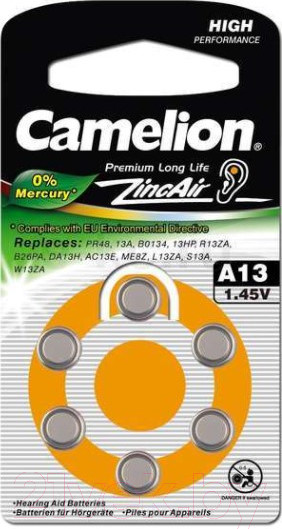 Изображение товара Комплект батареек Camelion ZA13 BL-6 Mercury Free / A13-BP6 (1.4V)