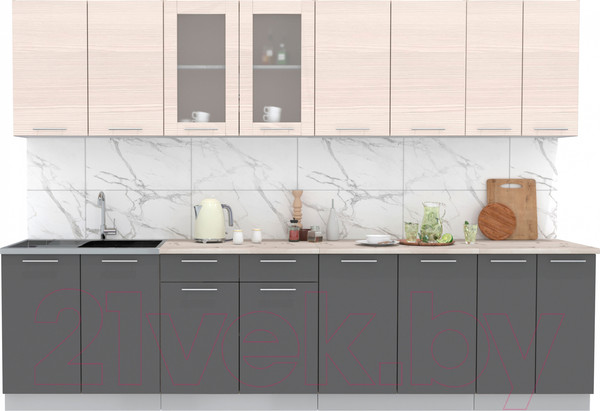 Изображение товара Кухонный гарнитур Интерлиния Мила 30 (вудлайн кремовый/антрацит/бискайская сосна)