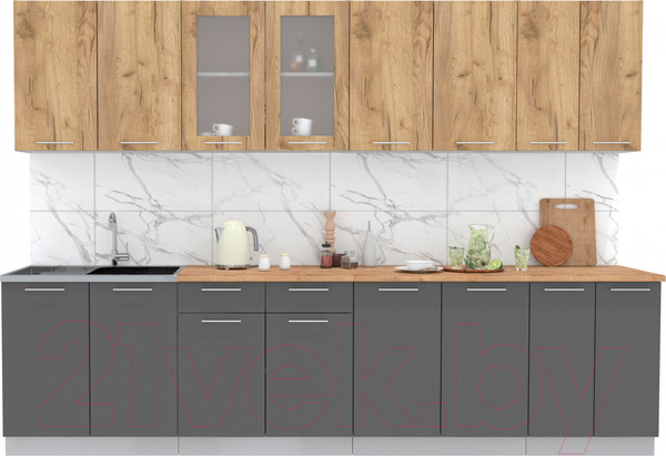 Изображение товара Кухонный гарнитур Интерлиния Мила 30 (дуб золотой/антрацит/дуб бунратти)