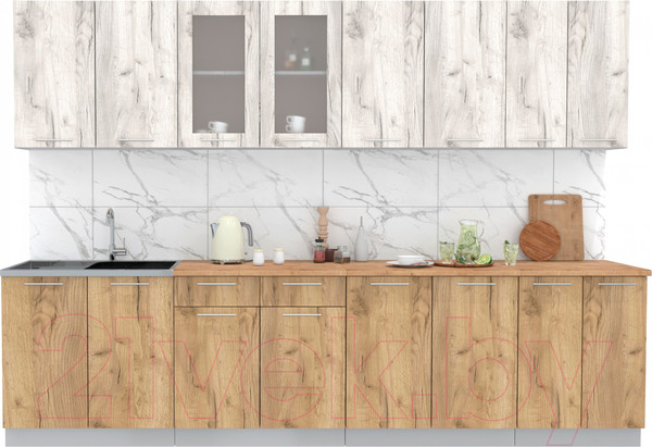Изображение товара Кухонный гарнитур Интерлиния Мила 30 (дуб белый/дуб золотой/дуб бунратти)