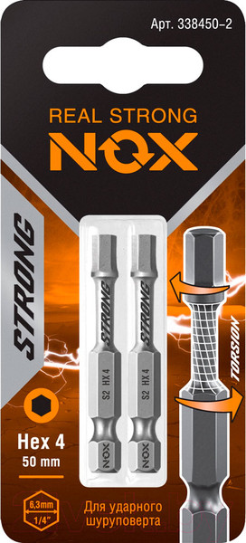 Изображение товара Набор бит Nox Strong Torsion E6.3 Hex-4-50 / 338450-2 (2шт)