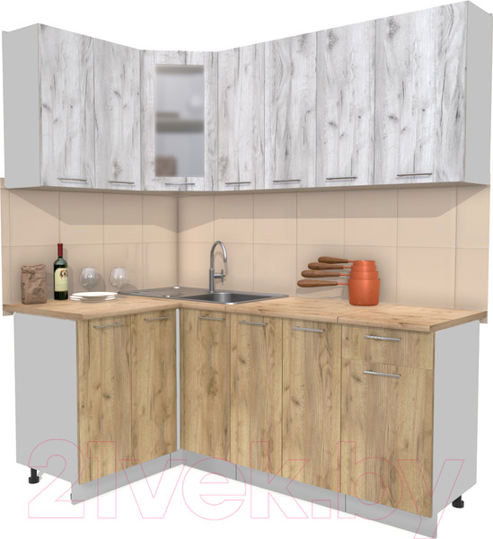 Изображение товара Кухонный гарнитур Интерлиния Мила 12x19 (дуб белый/дуб золотой/дуб бунратти)
