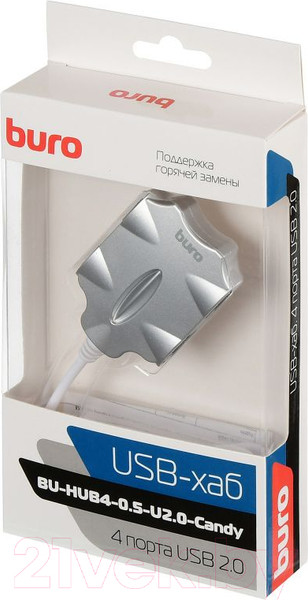 Изображение товара USB-хаб Buro BU-HUB4-0.5-U2.0-Candy (серебристый)